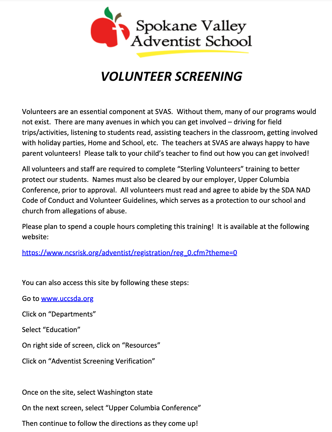 Volunteer Screening | Spokane Valley Adventist School